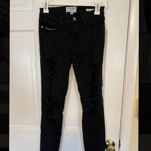 Frame denim black skinny jeans with rips size 26